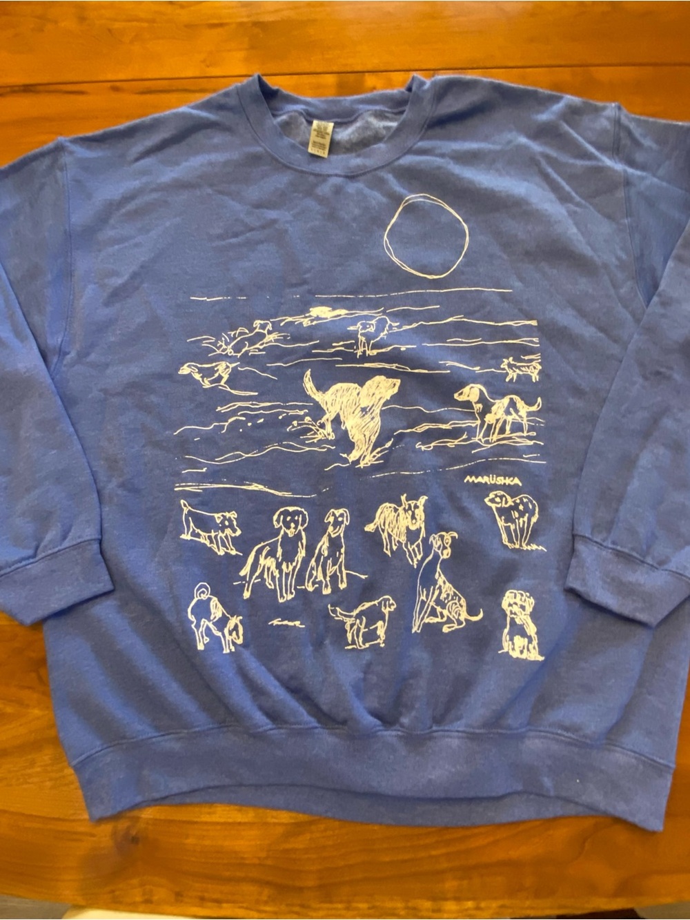 Marushka Sweatshirt L Blue And White Dog Graphic Fleece Pullover Crewneck